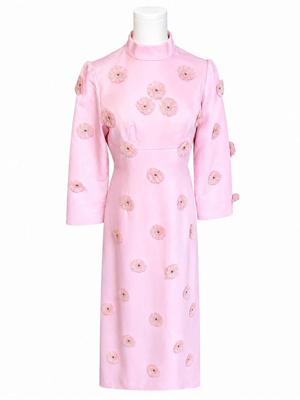 Vintage 1960s Pink Floral Appliqué Garden Party Maxi Dress